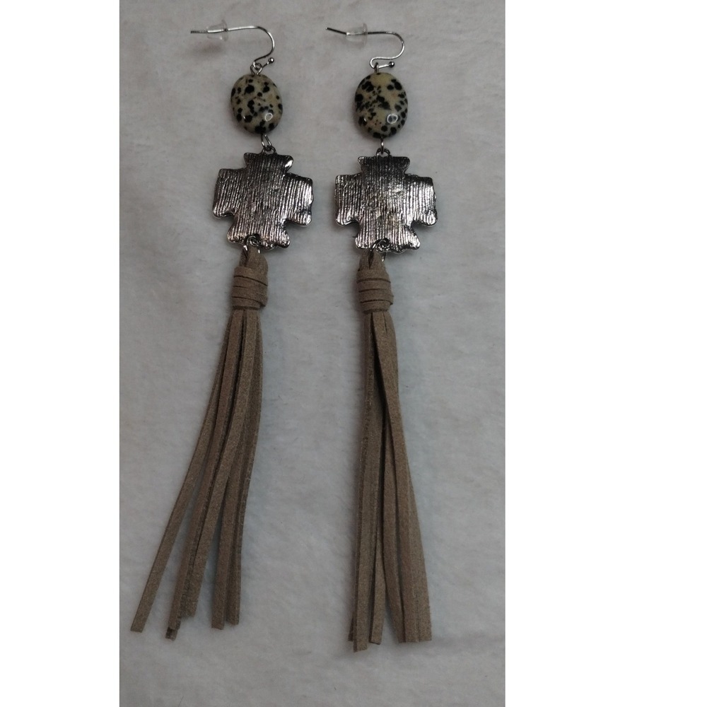 Western Dalmatian Jasper Cross Tassel‎ Earrings Silver Faux Cowhide Suede Fringe